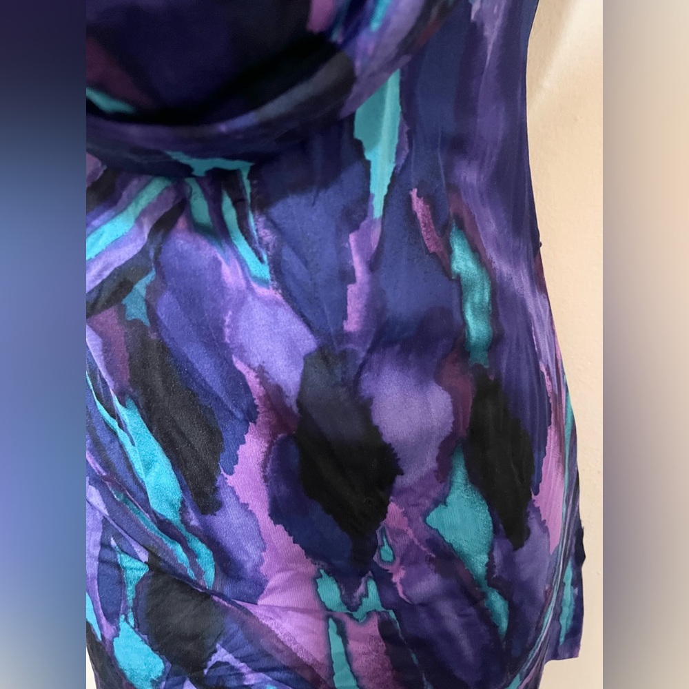 Y2K Wrapper S Cowl Neck Abstract Blouse Short Sleeve Lace Purple Teal Grunge - Picture 4 of 10